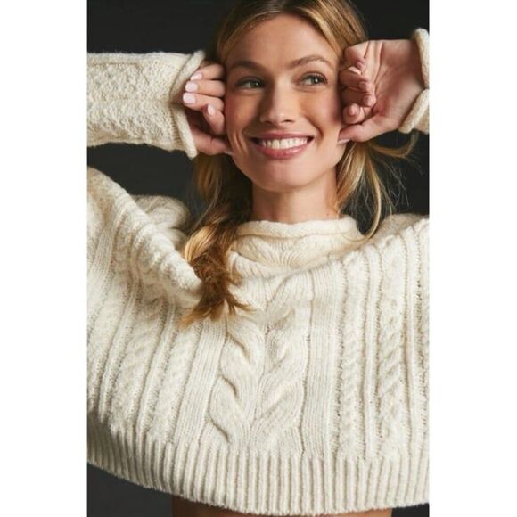 Anthropologie Pilcro Rolled Mock Neck Cable Knit Sweater Pullover in Ivory White - Picture 2 of 12